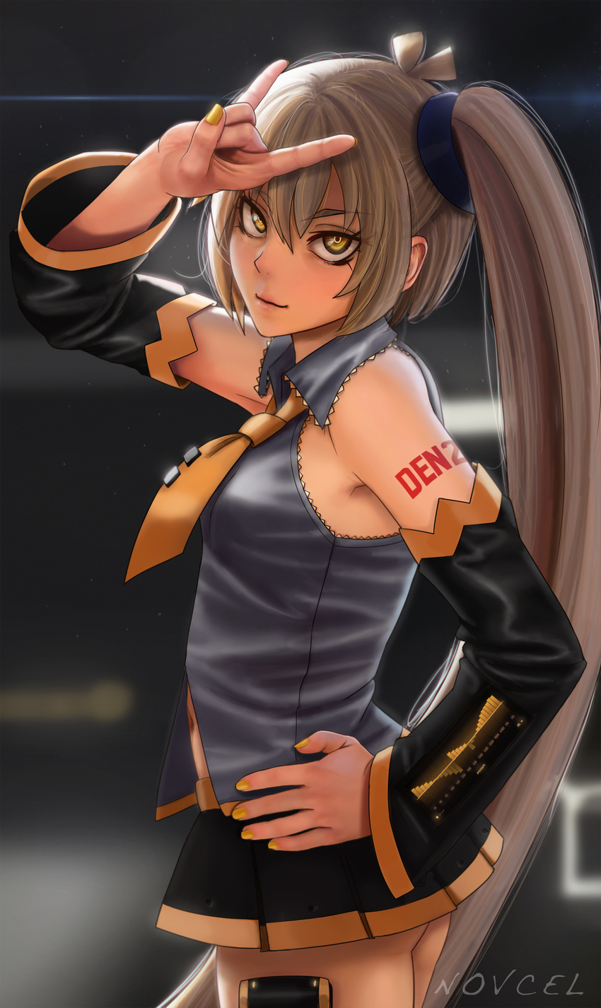 \n/ absurdres akita_neru antenna_hair arm_tattoo arm_up artist_name asymmetrical_hair bare_shoulders black_skirt blonde_hair blurry blurry_background breasts closed_mouth collared_shirt commentary cowboy_shot detached_sleeves fingernails grey_shirt hair_between_eyes hair_tie hand_on_hip highres light_smile lips long_fingernails long_hair long_sleeves looking_at_viewer looking_to_the_side miniskirt nail_polish necktie novcel pleated_skirt shirt side_ponytail skirt sleeveless sleeveless_shirt small_breasts solo standing sunlight tattoo thick_eyebrows tsurime very_long_hair vocaloid wing_collar yellow_eyes yellow_nails yellow_neckwear
