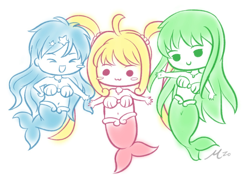 &gt;_&lt; :3 blonde_hair blue blue_eyes blue_hair bra chibi closed_eyes flower green_eyes green_hair hair_between_eyes hair_flower hair_ornament houshou_hanon long_hair looking_at_viewer mermaid mermaid_melody_pichi_pichi_pitch monster_girl multiple_girls nanami_lucia pink_bra ponytail shell_necklace smile solid_circle_eyes touin_rina underwear