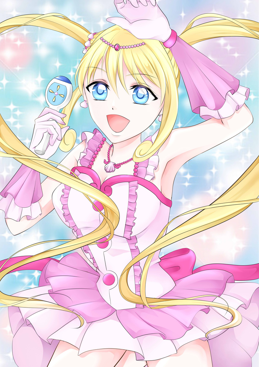 absurdres blonde_hair blue_eyes bra dress flower hair_between_eyes hair_flower hair_ornament highres idol jewelry long_hair looking_at_viewer mermaid_melody_pichi_pichi_pitch microphone nanami_lucia pink_bra pink_dress ponytail shell_necklace smiley_face underwear