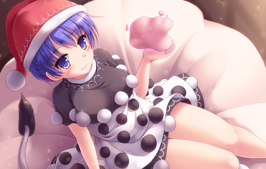 :3 bed_sheet blob blue_eyes blue_hair blush commentary doremy_sweet dream_soul dress eyebrows_visible_through_hair hat highres light_particles looking_at_viewer lzh multicolored multicolored_clothes multicolored_dress nightcap pom_pom_(clothes) short_hair short_sleeves solo tail tapir_tail thighs touhou