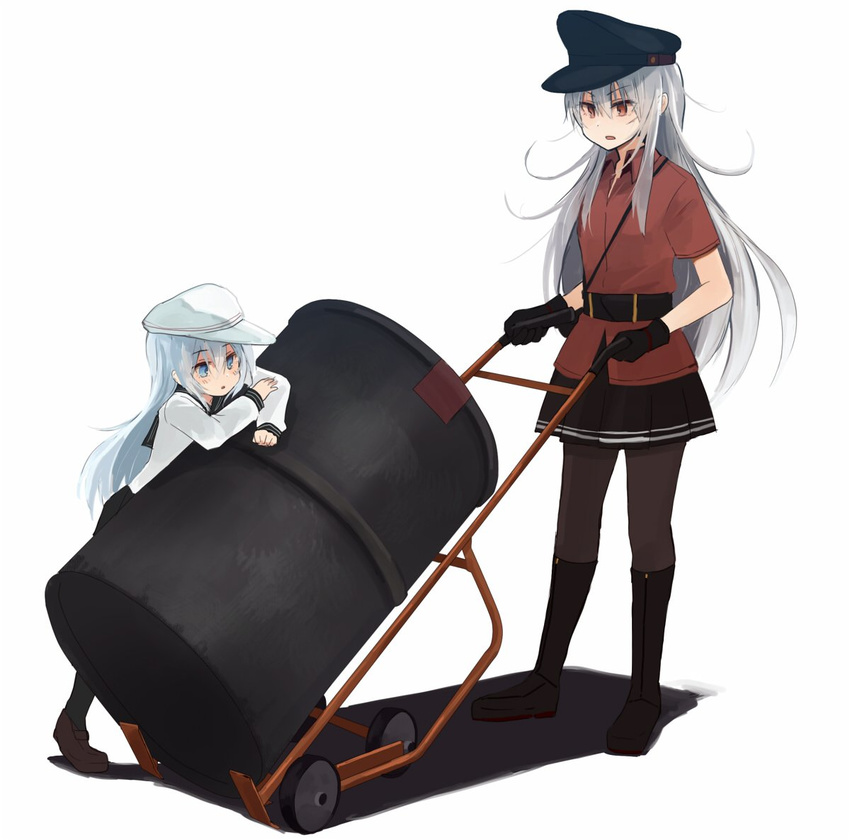 annin_musou belt black_footwear black_gloves black_legwear black_sailor_collar black_skirt blue_eyes boots brown_footwear commentary drum_(container) facial_scar flat_cap gangut_(kantai_collection) gloves hair_between_eyes hand_truck hat hibiki_(kantai_collection) kantai_collection long_hair long_sleeves miniskirt multiple_girls open_mouth pantyhose peaked_cap pleated_skirt red_eyes red_shirt sailor_collar scar scar_on_cheek school_uniform serafuku shadow shirt shoes silver_hair simple_background skirt thighhighs verniy_(kantai_collection) white_background white_hat