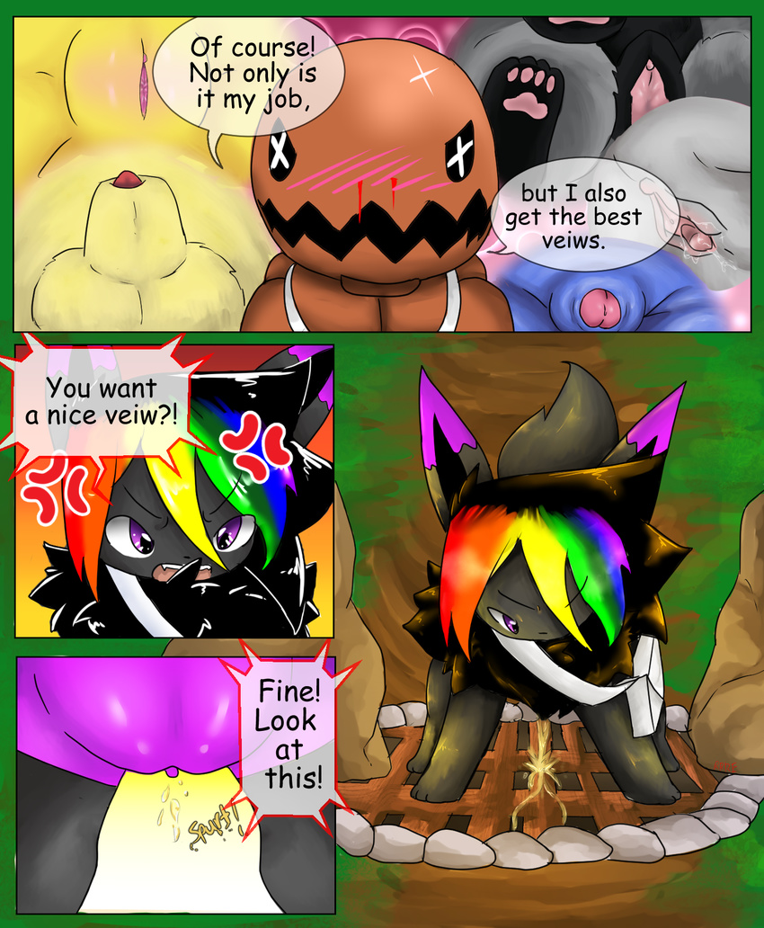 2017 alternate_color animal_genitalia balls blood blush canine comic dialogue digital_media_(artwork) eevee english_text fan_character female feral fur hair hi_res male mammal nintendo nosebleed open_mouth peeing penis pok&eacute;mon pok&eacute;mon_mystery_dungeon poochyena pussy raven_eevee raveneevee simple_background teeth text trapinch urine video_games watersports