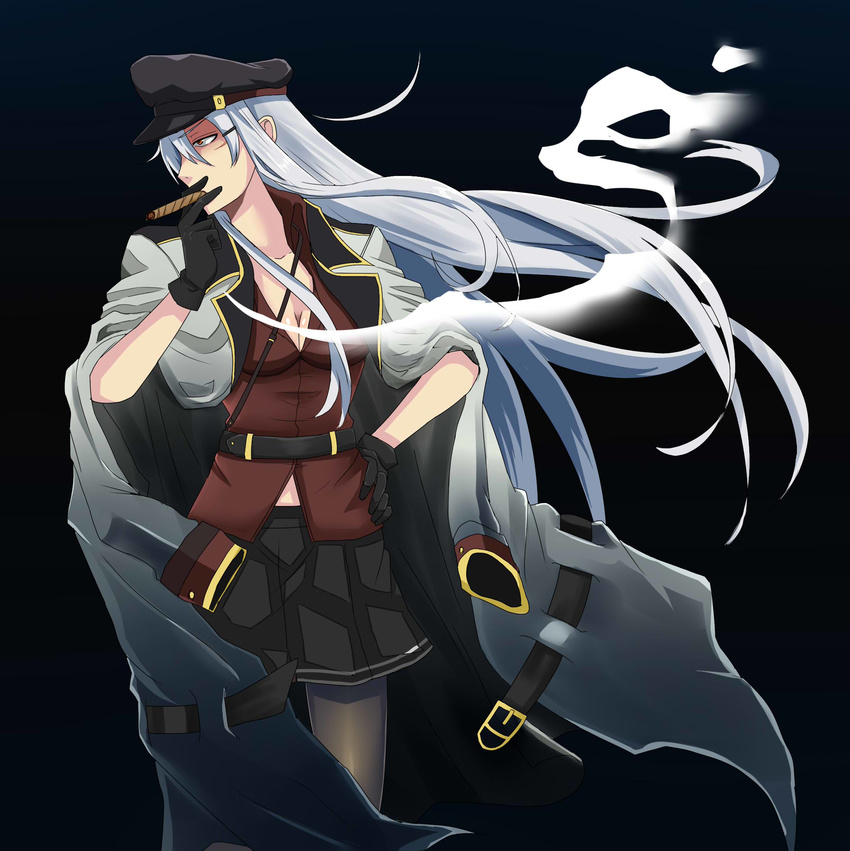 black_gloves black_legwear black_skirt breasts cigar gangut_(kantai_collection) gloves hat highres jacket kantai_collection long_hair long_sleeves medium_breasts military military_hat military_jacket military_uniform miniskirt pantyhose peaked_cap pleated_skirt rakku_(10219563) red_shirt remodel_(kantai_collection) scar shirt silver_hair skirt smile solo uniform white_jacket