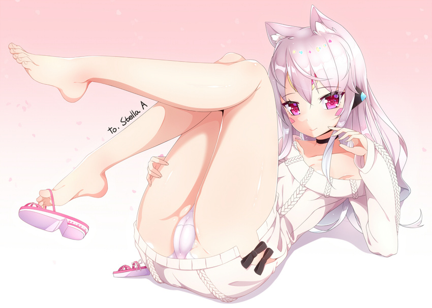 animal_ears barefoot black_bow black_choker blush bow breasts cameltoe cat_ears choker closed_mouth collarbone dangling elsword eve_(elsword) facepaint feet forehead_jewel full_body gradient gradient_background hair_between_eyes legs_up long_hair looking_at_viewer lying off-shoulder_sweater on_back panties pantyshot pantyshot_(lying) pink_eyes pink_footwear pink_hair pink_panties plantar_flexion ribbed_sweater ripe.c shoes shoes_removed side_slit sidelocks silver_hair small_breasts smile solo sweater thighs toes trefoil tsurime underwear very_long_hair wavy_hair white_sweater