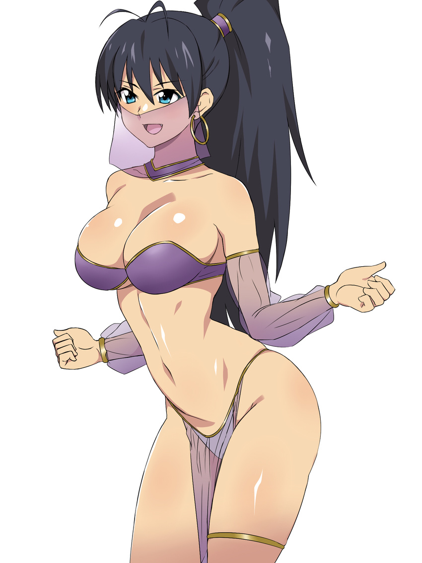 :d ass bare_shoulders black_hair blue_eyes breasts cleavage detached_sleeves earrings fang ganaha_hibiki harem_outfit highleg highres idolmaster idolmaster_(classic) jewelry kagemusha large_breasts long_hair mask navel open_mouth pelvic_curtain ponytail see-through simple_background smile solo veil very_long_hair white_background