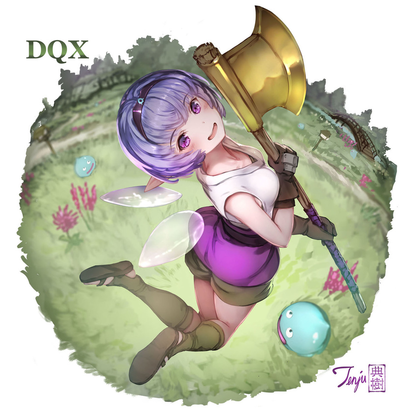 axe black_hairband blob bridge brown_gloves copyright_name dragon_quest dragon_quest_x elf_(dq10) flower full_body gloves grass hairband highres holding holding_axe kawamatsu_yoshinori leg_warmers pointy_ears purple_eyes purple_hair purple_shorts sandals shirt short_hair shorts sleeveless sleeveless_shirt slime_(dragon_quest) smile solo toeless_legwear weapon white_shirt wings