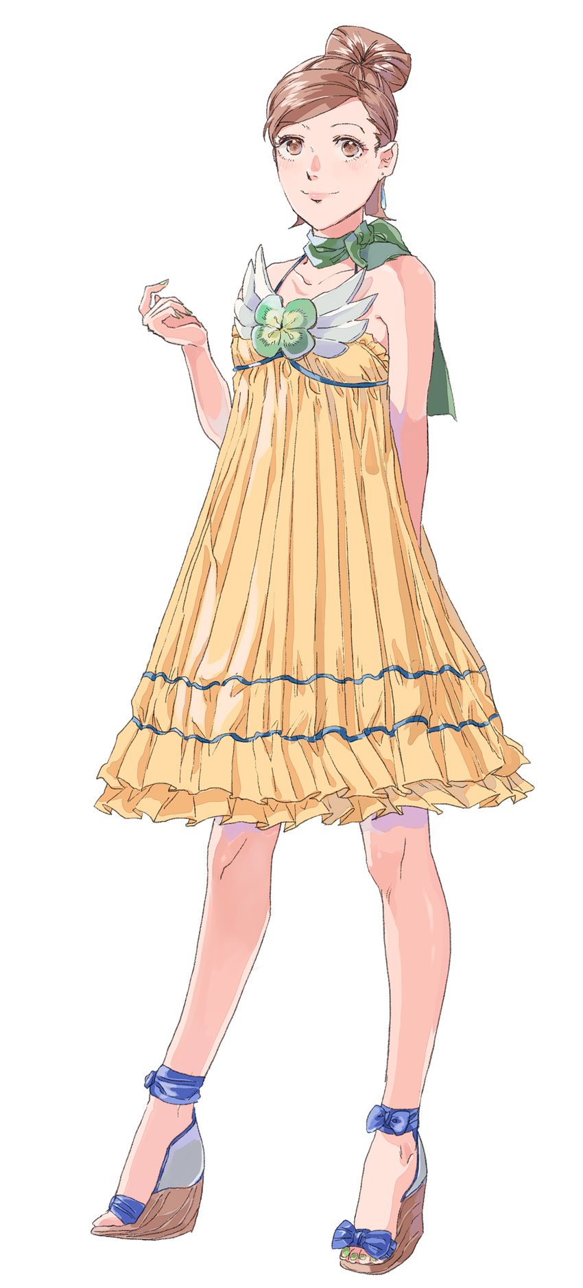 absurdres bare_shoulders blush brown_eyes brown_hair chya dress full_body green_nails green_scarf gyakuten_saiban gyakuten_saiban_4 hair_bun high_heels highres looking_at_viewer nail_polish namina_minami open_toe_shoes purple_dress sandals scarf shoes sleeveless sleeveless_dress smile solo toenail_polish wedge_heels