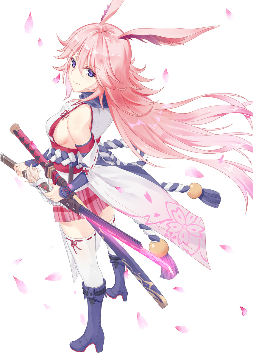 5plus benghuai_xueyuan blue_eyes blue_footwear boots breasts detached_sleeves from_side full_body hair_between_eyes high_heel_boots high_heels highres katana large_breasts long_hair looking_at_viewer looking_to_the_side petals pink_hair ribbon ribbon-trimmed_legwear ribbon-trimmed_sleeves ribbon_trim sideboob simple_background solo sword thighhighs very_long_hair weapon white_background yae_sakura_(benghuai_xueyuan)