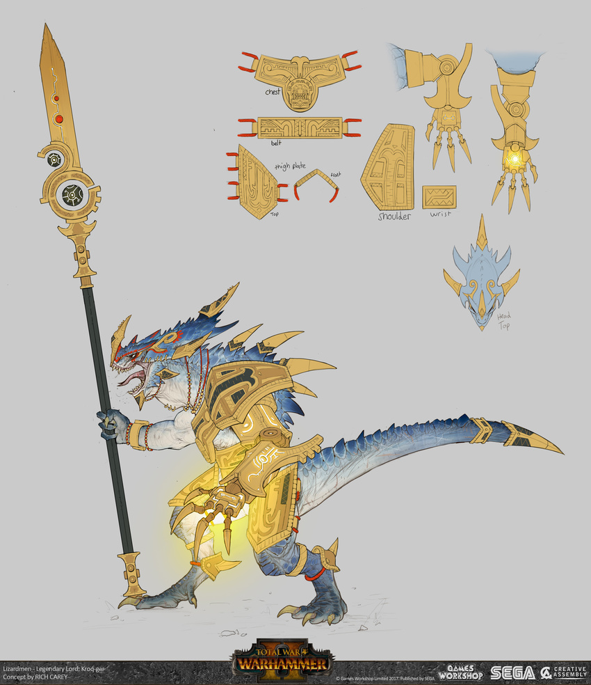 ambiguous_gender anthro armor aztec claws clothing gloves hi_res kroq_gar lizard lizardman melee_weapon model_sheet official_art open_mouth polearm reptile saurus scalie simple_background skull solo spear tongue warhammer_(franchise) weapon