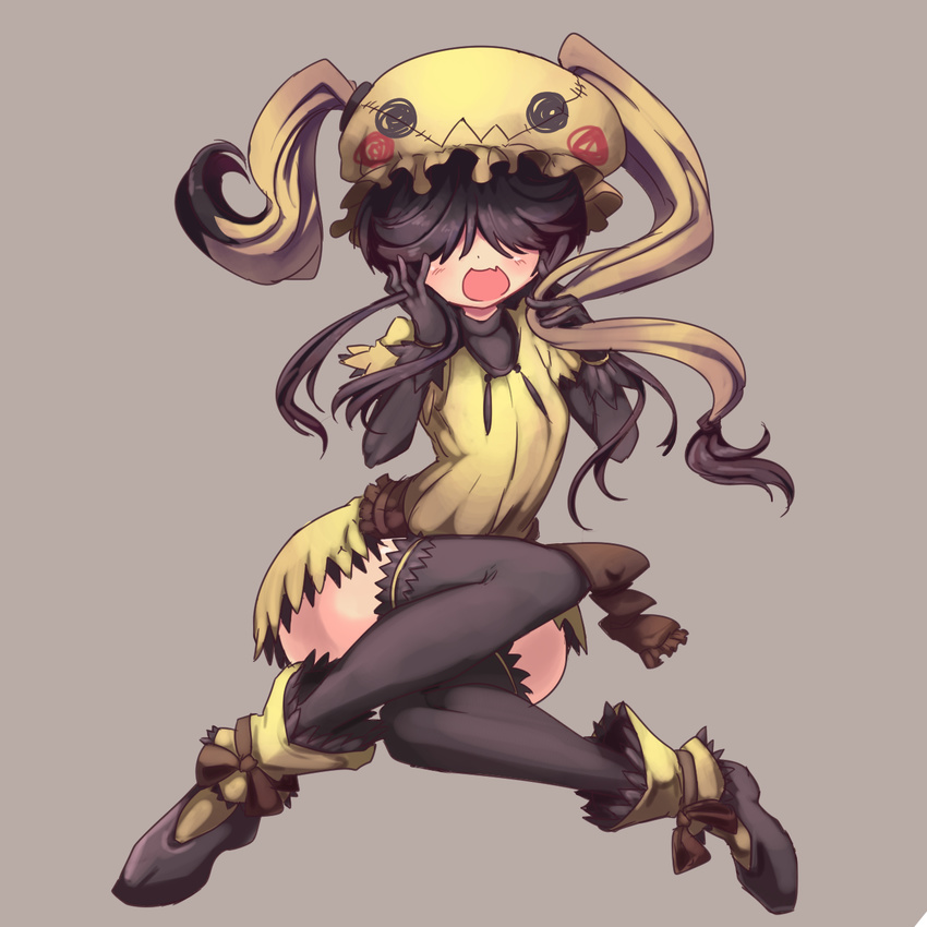 :d animal_hat black_footwear black_gloves black_hair black_legwear blush borokuro commentary_request crossed_knees gen_7_pokemon gloves hair_over_eyes hat highres mimikyu open_mouth personification pokemon shoes sitting smile solo thighhighs