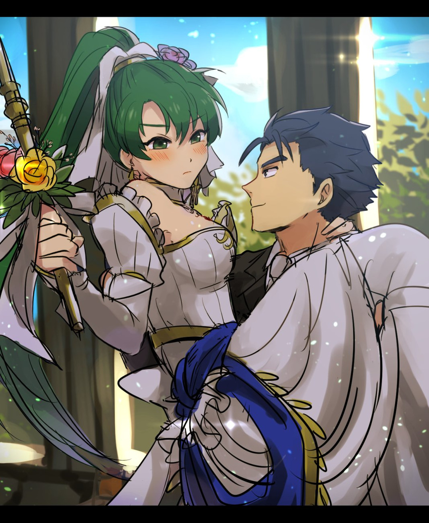 1girl armor blue_eyes blue_hair blush bouquet bridal_veil bride cape carrying couple dress fire_emblem fire_emblem:_rekka_no_ken fire_emblem_heroes flower formal green_eyes green_hair hector_(fire_emblem) hetero high_ponytail highres husband_and_wife kometubu0712 long_hair lyndis_(fire_emblem) ponytail princess_carry short_hair smile suit veil very_long_hair wedding wedding_dress