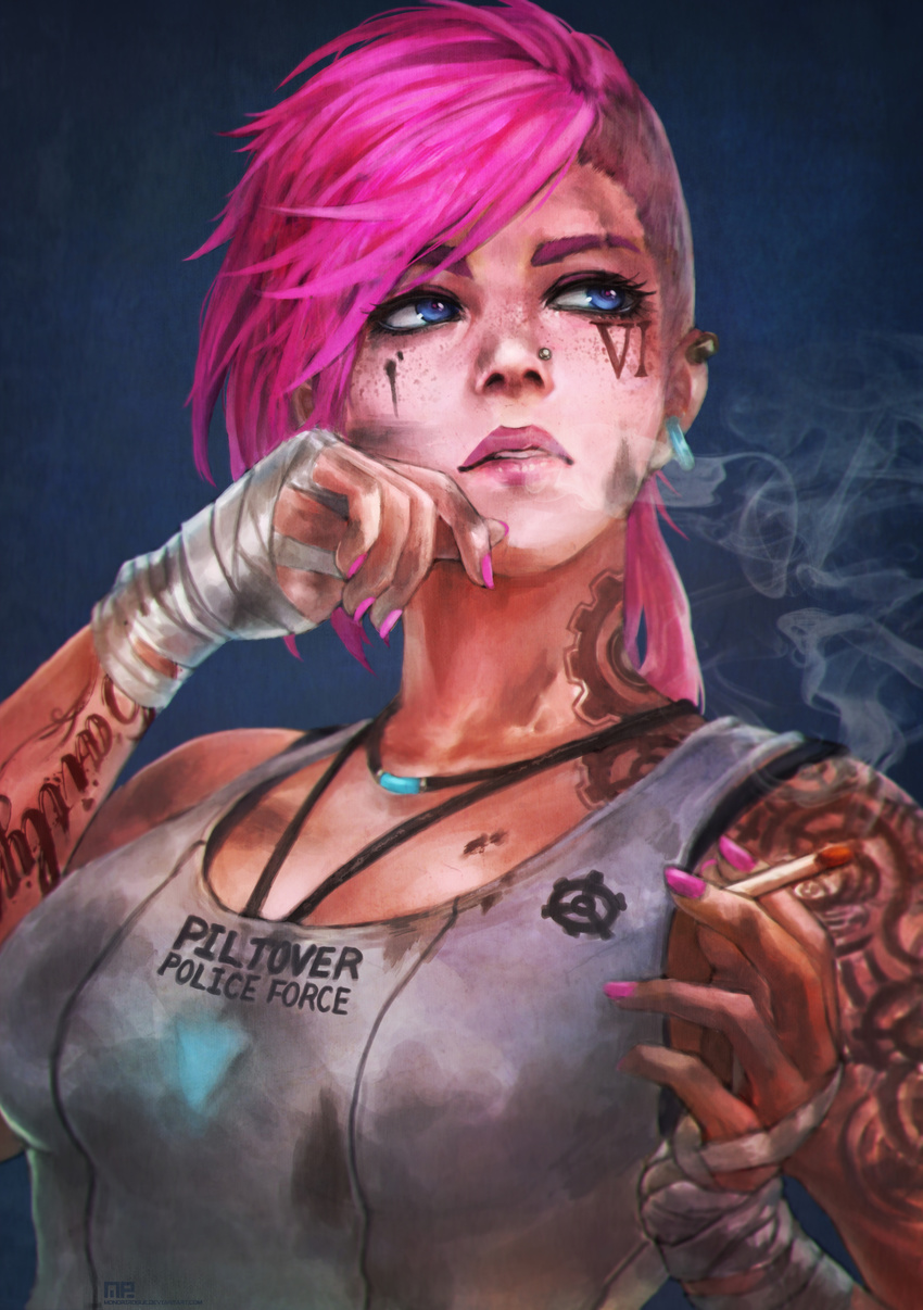 absurdres asymmetrical_hair blue_eyes breasts cigarette close-up dirty_face earrings eyeliner facial_tattoo highres jewelry league_of_legends lips lipstick long_hair makeup mascara medium_breasts monori_rogue nail_polish necklace nose_piercing piercing pink_hair pink_nails smoke smoking solo tank_top tattoo undercut upper_body vi_(league_of_legends) wrist_wrap