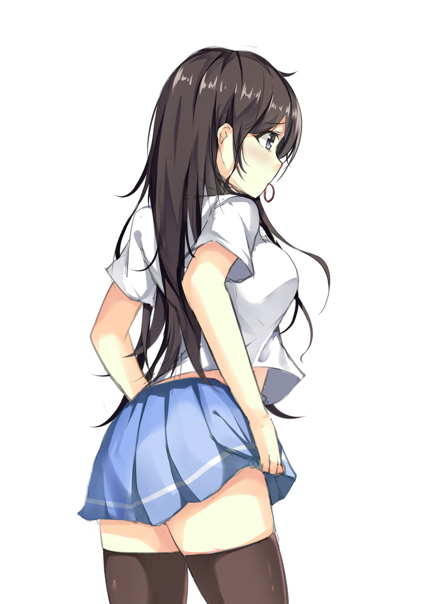 absurdres bangs bantian_yindang black_legwear blouse blue_skirt blush brown_hair closed_mouth commentary eyebrows_visible_through_hair from_side hair_tie hair_tie_in_mouth highres long_hair mouth_hold original pleated_skirt profile purple_eyes school_uniform short_sleeves simple_background sketch skirt solo thighhighs thighs uniform white_background white_blouse zettai_ryouiki
