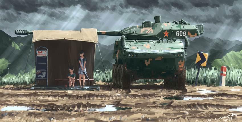 armored_vehicle bangs black_hair blunt_bangs can cloud cloudy_sky commentary digital_camouflage dirt dress grass ground_vehicle hallelujah_zeng highres military multiple_girls original pleated_dress puddle sandals sky soda_can squatting turret umbrella