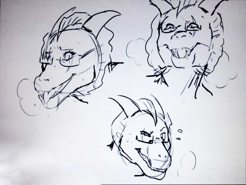 anthro black_and_white digital_media_(artwork) dragon eyewear fin glasses headshot horn male monochrome omi_softpaws open_mouth sigh simple_background sketch smile solo sweat_droplets teeth tongue tongue_out white_background