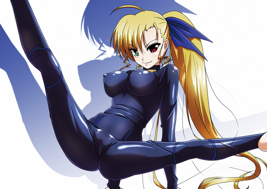 adapted_costume barefoot blonde_hair bodysuit breasts covered_navel covered_nipples heterochromia long_hair looking_at_viewer lyrical_nanoha mahou_shoujo_lyrical_nanoha_vivid medium_breasts older side_ponytail simple_background skin_tight smile solo split spread_legs tappa_(esperanza) vivio