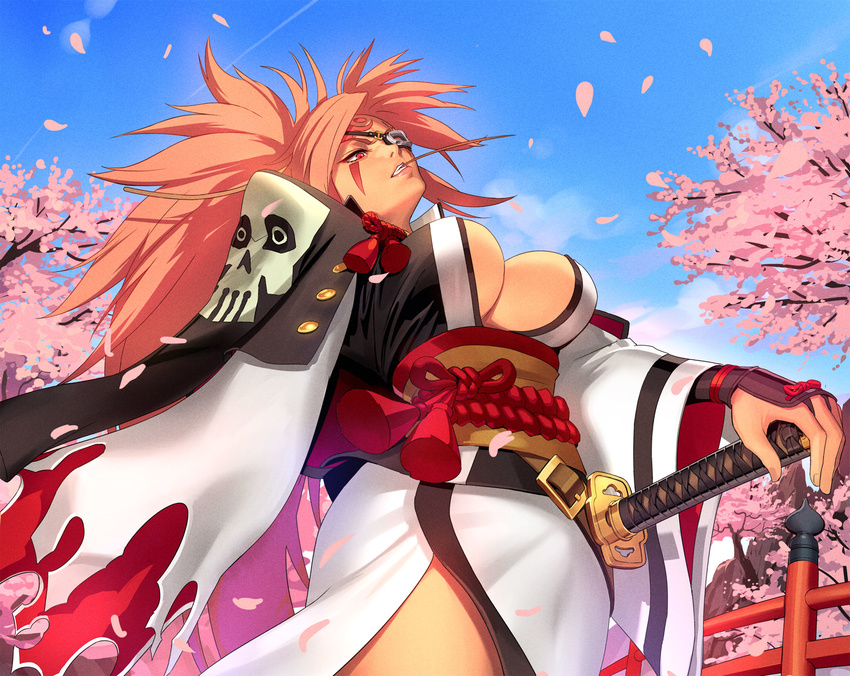 amputee baiken breasts eyepatch facial_tattoo from_below guilty_gear hand_on_hilt highres japanese_clothes katana kimono large_breasts long_hair mouth_hold no_bra obi ogami one-eyed open_clothes open_kimono pink_eyes pink_hair ponytail sash scar scar_across_eye sheath sheathed solo stalk_in_mouth straw_(stalk) strut sword tattoo weapon