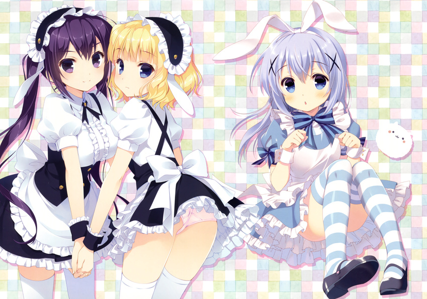 absurdres alice_(wonderland) alice_(wonderland)_(cosplay) alice_in_wonderland alternate_costume animal_ears ass blonde_hair blue_eyes blue_hair blue_legwear blush bunny_ears chestnut_mouth convenient_leg cosplay eyebrows_visible_through_hair fake_animal_ears fleur_de_lapin_uniform gochuumon_wa_usagi_desu_ka? hair_ornament highres holding_hands kafuu_chino kirima_sharo long_hair looking_at_viewer mary_janes matching_outfit multiple_girls open_mouth panties pink_panties purple_eyes purple_hair santa_matsuri shoes short_hair striped striped_legwear tedeza_rize thighhighs tippy_(gochiusa) twintails underwear white_legwear wrist_cuffs x_hair_ornament