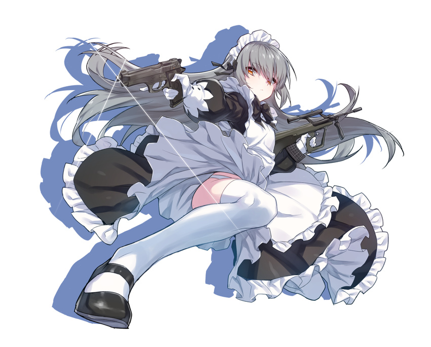 apron assault_rifle bangs beretta_92 black_dress black_footwear bullpup closed_mouth closers dress eyebrows_visible_through_hair floating_hair frilled_apron frills gloves grey_hair gun hand_up handgun highres holding holding_gun holding_weapon kneeling long_hair long_sleeves looking_at_viewer maid maid_headdress mary_janes one_knee orange_eyes panties panty_peek pistol rifle shadow shoes simple_background solo steyr_aug supernew thighhighs tina_(closers) trigger_discipline underwear weapon white_background white_gloves white_legwear white_panties