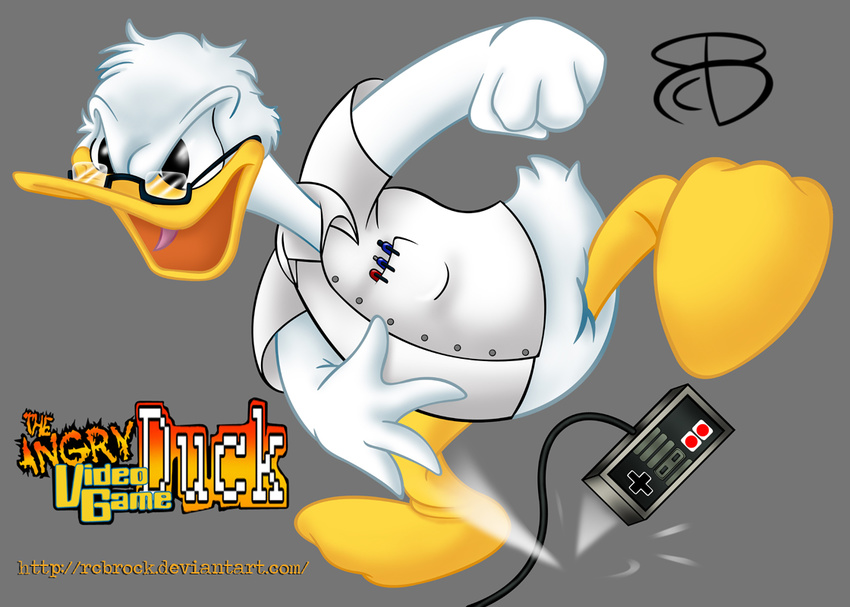 2011 4_fingers angry angry_video_game_nerd anthro avian bird controller crossover digital_media_(artwork) disney donald_duck duck eyewear feathers game_controller glasses grey_background logo nes_controller nintendo open_mouth pen rcbrock signature simple_background tail_feathers throwing url video_games white_feathers white_shirt