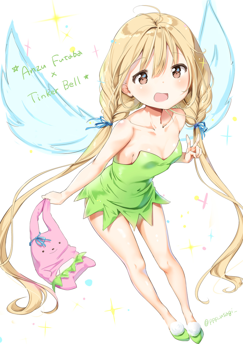 absurdres bare_shoulders blonde_hair breasts brown_eyes character_name cleavage collarbone cosplay disney dress fairy fairy_wings futaba_anzu green_dress hair_ribbon highres idolmaster idolmaster_cinderella_girls long_hair low_twintails open_mouth peter_pan_(disney) ribbon shiratama_akane shoes short_dress skirt small_breasts smile solo strapless strapless_dress stuffed_animal stuffed_bunny stuffed_toy tinker_bell_(disney) tinker_bell_(disney)_(cosplay) twintails twitter_username v very_long_hair white_background wings