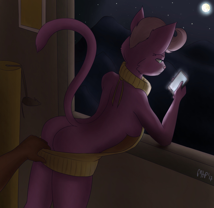 2017 anthro bojack_horseman bojack_horseman_(character) breasts butt cat clothed clothing digital_media_(artwork) equine feline female fur hair horse mammal mina-the-pie phone pink_fur princess_carolyn sweater virgin_killer_sweater whiskers