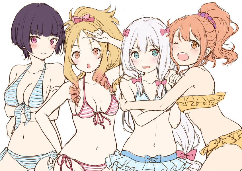 4girls :o absurdres aqua_eyes arm_up bandaged_fingers bandages bangs bare_shoulders beads bikini bikini_skirt blonde_hair blue_bikini blunt_bangs bow breast_hold breasts brown_eyes brown_hair cleavage closed_mouth collarbone commentary_request copyright_name drill_hair eromanga_sensei eyebrows_visible_through_hair from_side front-tie_bikini front-tie_top girl_sandwich hair_beads hair_bow hair_ornament halterneck hand_on_hip highres hug izumi_sagiri jinno_megumi lineup looking_at_viewer medium_breasts multiple_girls navel one_eye_closed open_mouth orange_bikini parted_bangs pink_bikini pointy_ears ponytail purple_eyes purple_hair ringlets sandwiched senju_muramasa silver_hair sketch small_breasts striped striped_bikini swimsuit underboob v-shaped_eyebrows w yamada_elf yoshida_iyo