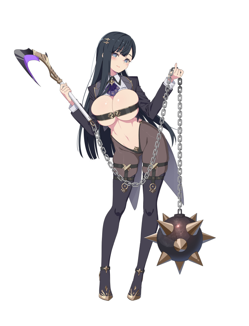 1girl absurdres artist_request ascot ball_and_chain_(weapon) belt_bra black_hair black_hiphighs black_jacket black_thighhighs blue_eyes breasts bright_pupils cleavage clothing_cutout gold_shoes hair_ornament hairclip high_heels highres hiphighs holding holding_ball_and_chain_(weapon) holding_weapon huge_breasts jacket kusarigama long_hair long_sleeves lost_sword:_tales_of_britania navel nia_(lost_sword) official_art purple_ascot shirt shoes sickle simple_background solo spiked_ball_and_chain stomach thighhighs transparent_background weapon white_pupils white_shirt