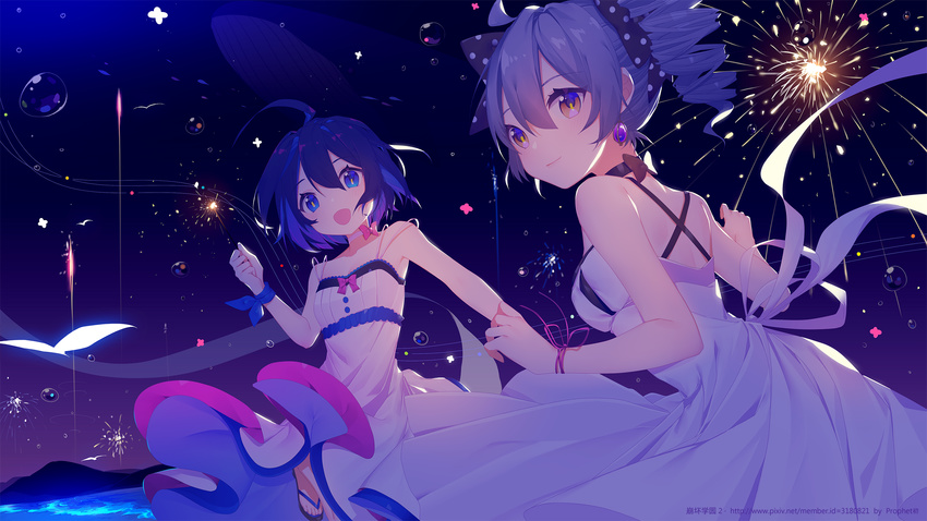 :d ahoge beach benghuai_xueyuan black_bow blue_eyes blue_hair blue_ribbon bow breasts bronya_zaychik brown_eyes choker cleavage dress drill_hair earrings fireworks hair_bow highres jewelry leg_up looking_at_viewer medium_breasts multiple_girls night open_mouth outdoors polka_dot polka_dot_bow prophet_chu purple_hair red_ribbon ribbon seele_vollerei short_hair sleeveless sleeveless_dress small_breasts smile twin_drills white_dress wrist_ribbon