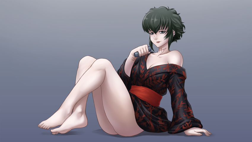 ass bags_under_eyes black_hair black_lagoon bottomless collarbone electrolarynx feet finalcake kimono legs no_panties piercing sawyer_the_cleaner scar short_hair short_kimono smile