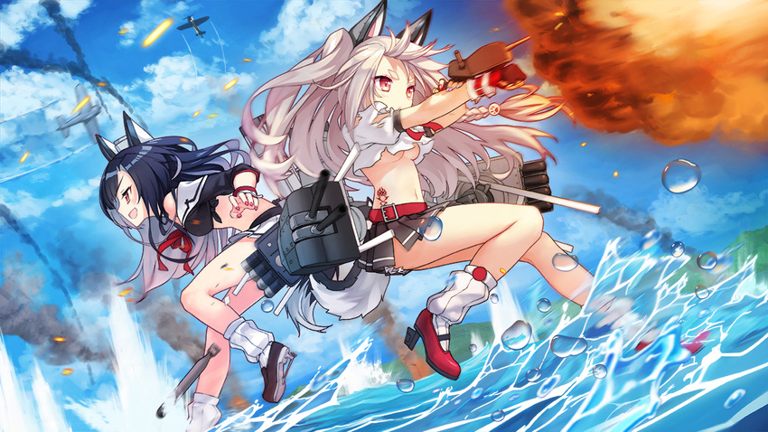 :d aircraft airplane azur_lane bangs black_footwear black_gloves black_skirt blue_hair breasts cloud cloudy_sky collaboration commentary_request day dutch_angle fingerless_gloves gloves grey_hair high_heels kuyama516 loafers long_hair loose_socks medium_breasts midriff miniskirt multiple_girls nail_polish navel ocean official_art one_side_up open_mouth outdoors pink_nails pleated_skirt red_eyes rigging school_uniform serafuku shigure_(azur_lane) shoes short_sleeves skirt sky sleeves_past_elbows smile smoke socks sougishi_ego thick_eyebrows torn_clothes underboob v-shaped_eyebrows water_drop yuudachi_(azur_lane)