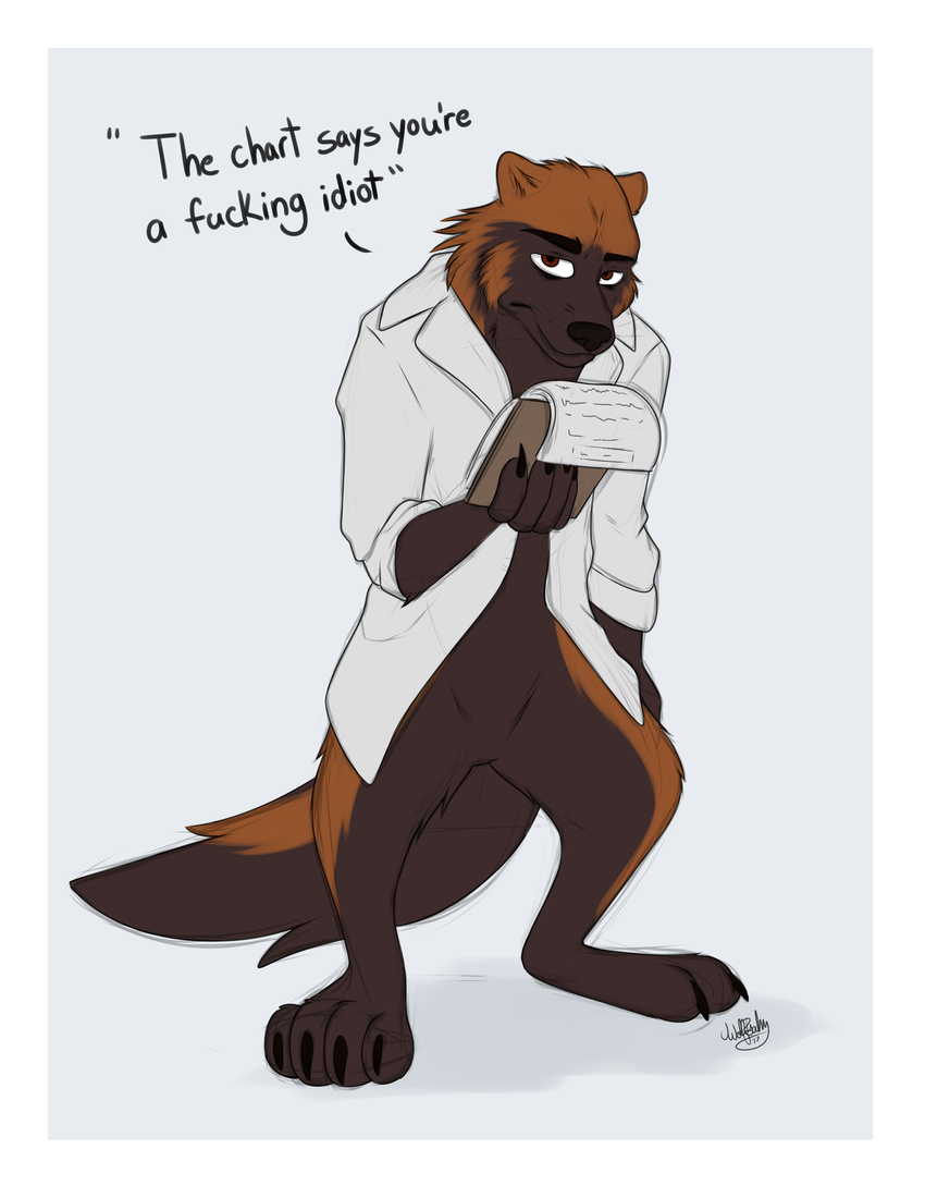 anthro clothed clothing digital_media_(artwork) doctor lisky male mammal mustelid partially_clothed sketch text wolfpsalm wolverine