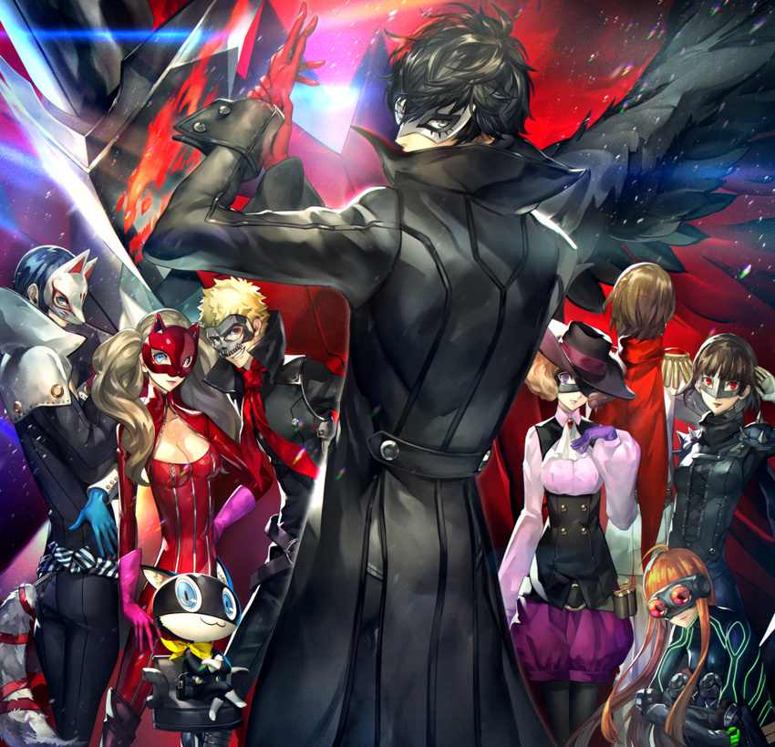 4girls :3 akechi_gorou amamiya_ren animal_ears arm_at_side arsene_(persona_5) ascot belt belt_pouch biker_clothes black_hair blonde_hair blouse blue_eyes blue_hair bodysuit breasts brown_eyes brown_hair cape cat_ears chair cleavage coat commentary_request cowboy_shot crossed_arms crossed_legs fox_ears fox_tail gloves green_eyes grin hand_on_hip hand_up hands_up high_collar highres jacket kitagawa_yuusuke lens_flare lips long_hair long_sleeves looking_at_another mask medium_breasts morgana_(persona_5) multiple_boys multiple_girls night_vision_device niijima_makoto office_chair okumura_haru orange_hair panther_ears pants parted_lips persona persona_5 pouch purple_eyes reckless_dog sakamoto_ryuuji sakura_futaba short_hair shorts sitting smile spikes squatting standing tail takamaki_anne twintails vest wings