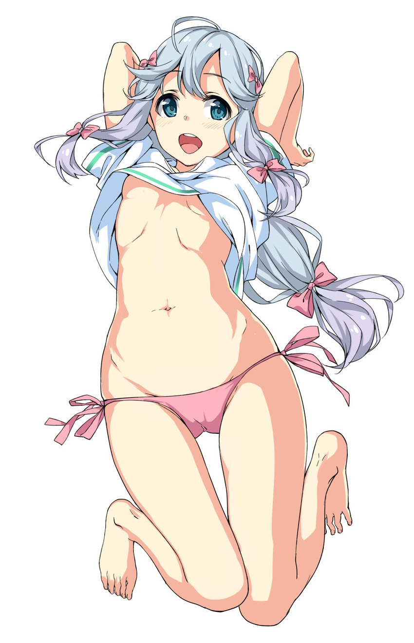 :d adrenaline!!! aqua_eyes arms_up barefoot blush bow breasts cameltoe commentary_request eromanga_sensei feet full_body hair_bow highres izumi_sagiri long_hair navel no_bra open_mouth panties pink_bow pink_panties shirt shirt_lift short_sleeves side-tie_panties silver_hair simple_background small_breasts smile solo string_panties t-shirt unasaka_ryou underboob underwear white_background