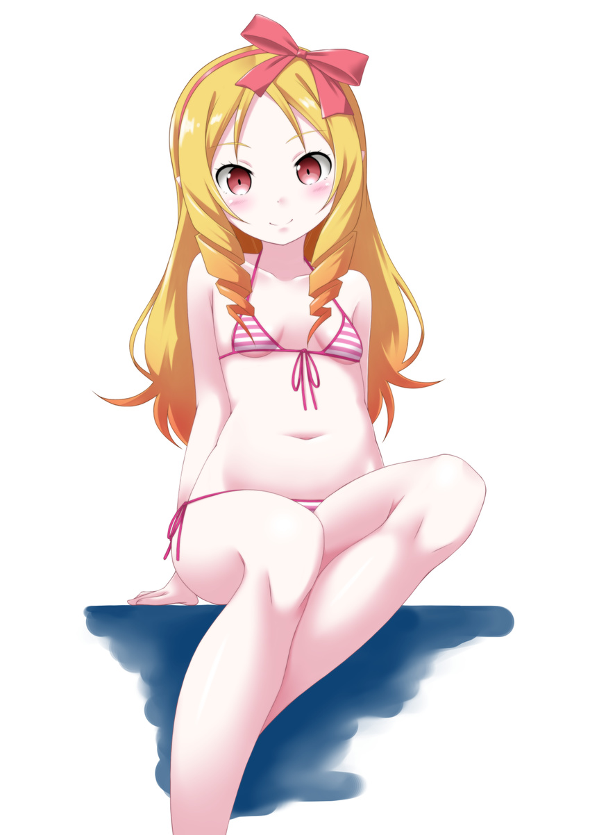 bikini blonde_hair blush breasts drill_hair eromanga_sensei hair_ribbon hairband highres kaze_makase long_hair looking_at_viewer navel pointy_ears red_eyes red_hairband red_ribbon ribbon sitting small_breasts smile solo striped striped_bikini swimsuit twin_drills yamada_elf