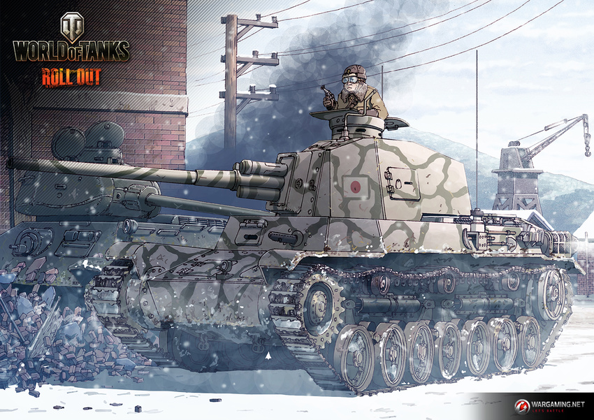 building caterpillar_tracks cloud commentary earasensha ground_vehicle highres imperial_japanese_army military military_vehicle motor_vehicle sky snow snowing t-34-85 tank type_4_chi-to wargaming_japan world_of_tanks