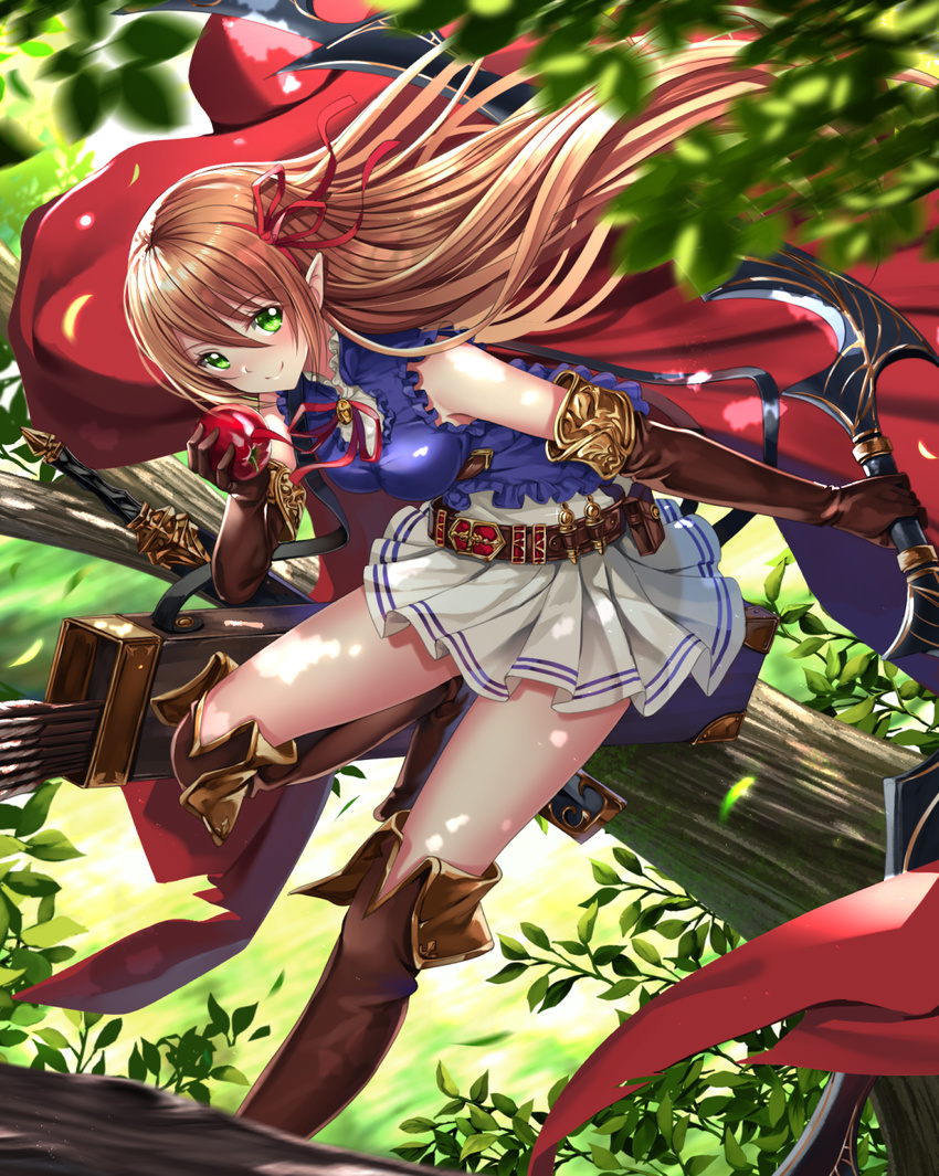 apple arisa_(shadowverse) arrow belt blonde_hair blue_shirt boots bow bow_(weapon) brown_footwear cape closed_mouth commentary_request elbow_gloves eyebrows_visible_through_hair food frilled_shirt frills fruit gloves green_eyes hair_between_eyes hair_ribbon highres in_tree knee_boots long_hair pointy_ears ribbon shadowverse shirt sitting sitting_in_tree skirt sleeveless sleeveless_shirt smile solo sword swordsouls tree tree_branch weapon