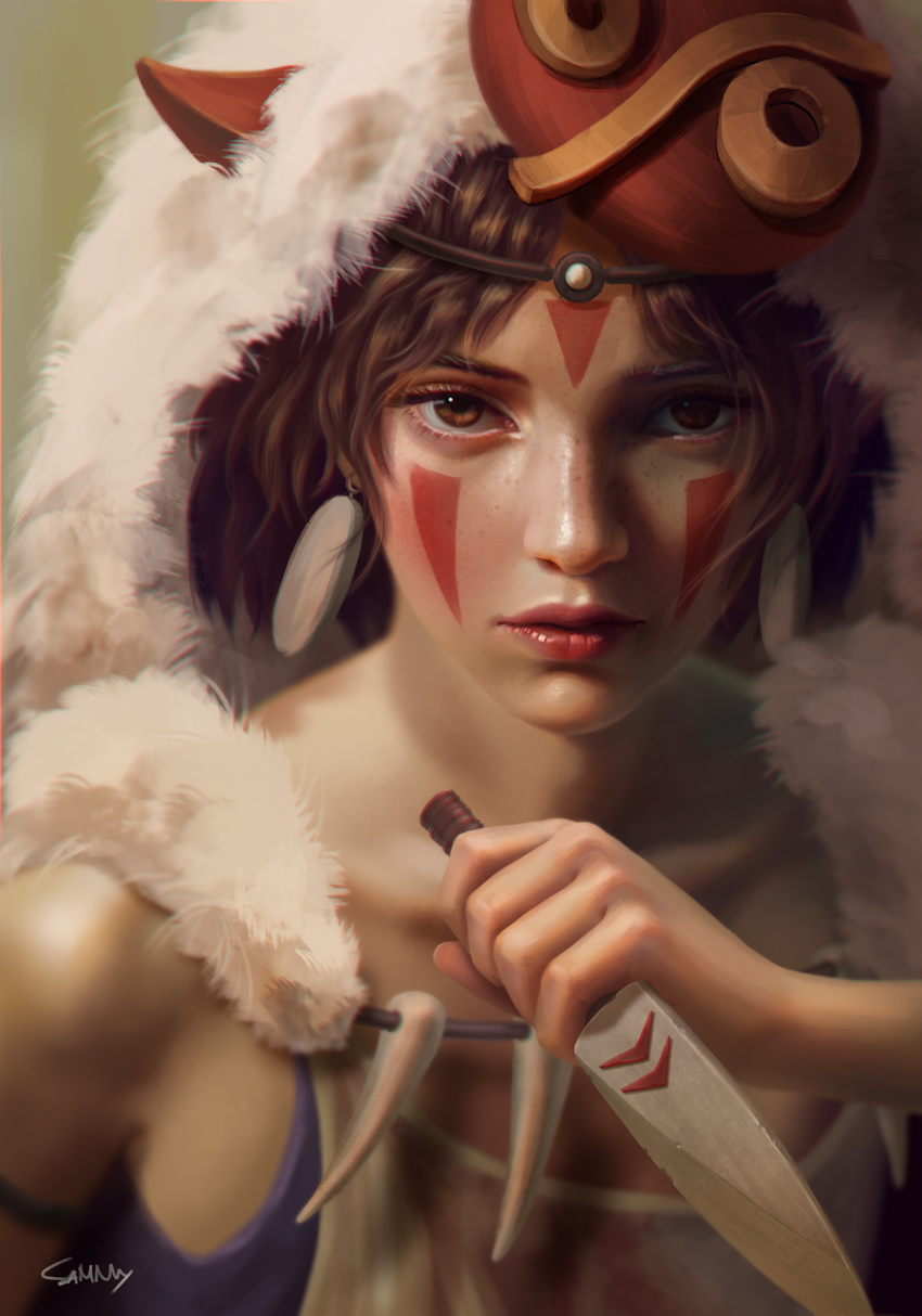 absurdres blurry brown_eyes brown_hair depth_of_field earrings facepaint freckles fur headband highres jewelry knife looking_at_viewer mask mononoke_hime realistic robusta_mania san short_hair signature solo studio_ghibli upper_body