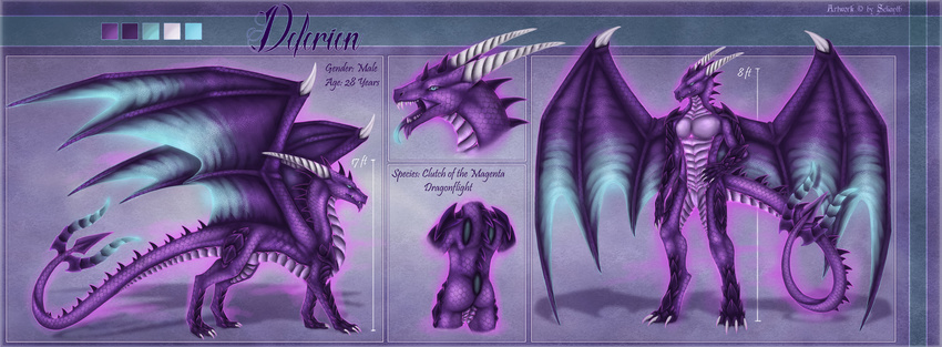 anthro blue_eyes claws digitigrade dragon featureless_crotch feral horn membranous_wings model_sheet open_mouth purple_scales ridged_horn scales selianth solo standing teeth wings