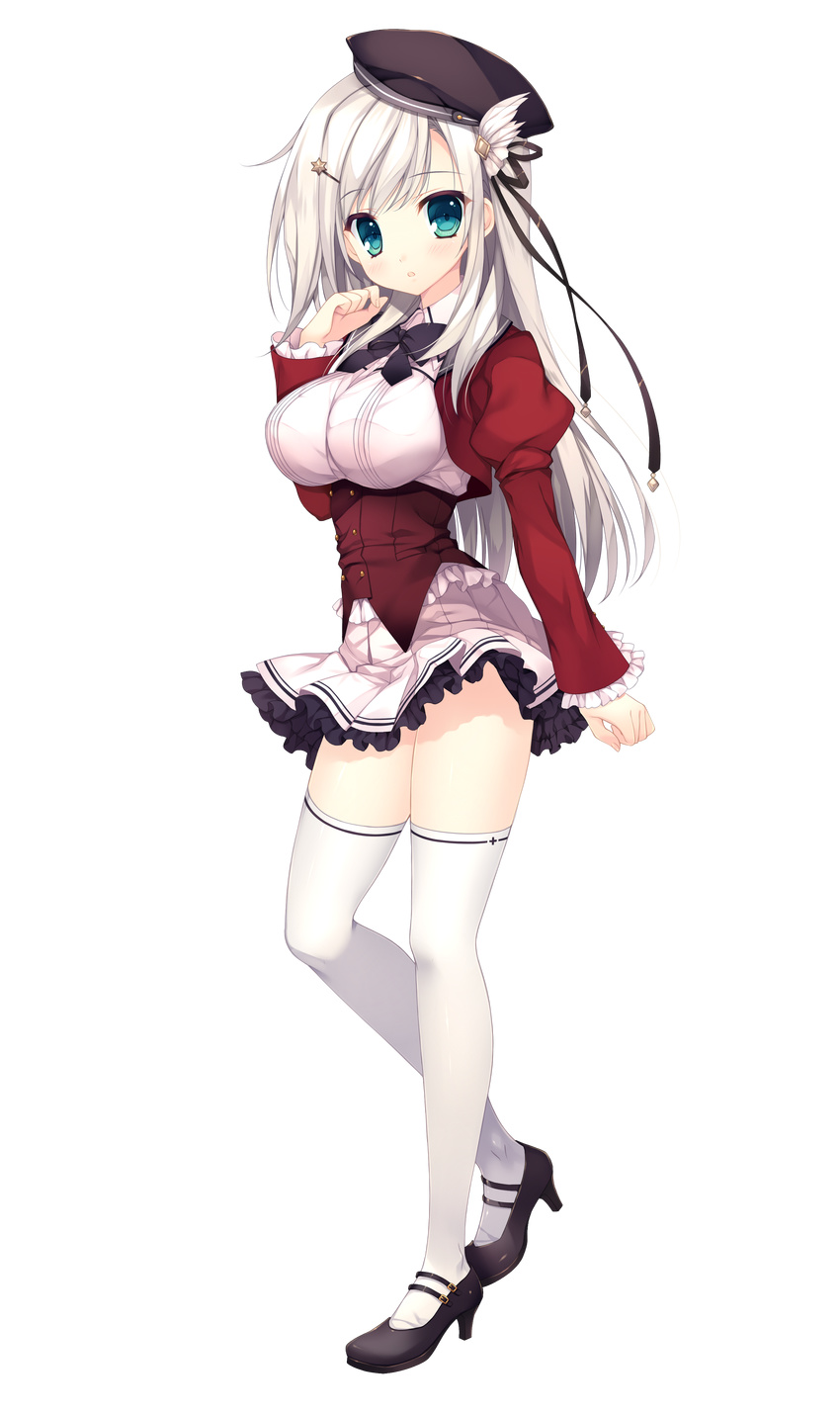 :o absurdres black_footwear blush breasts full_body green_eyes grey_hair hair_ornament hairpin haruoto_alice_gram hat highres kanzaki_erisa large_breasts long_hair looking_at_viewer mitha school_uniform shoes skirt solo thighhighs transparent_background underbust white_legwear