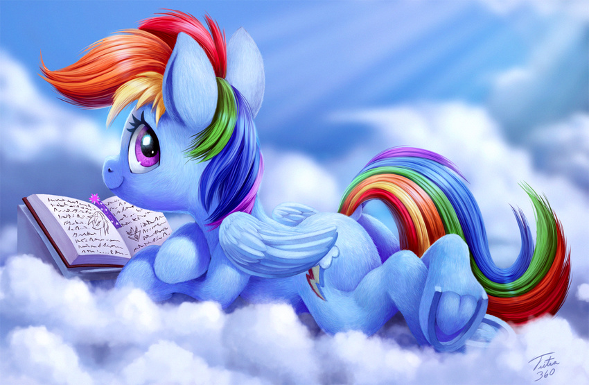 2017 blue_fur book butt clod cloud cutie_mark dock equine feathered_wings feathers female feral friendship_is_magic fur hair hi_res hooves mammal multicolored_hair multicolored_tail my_little_pony on_cloud outside pegasus rainbow_dash_(mlp) rainbow_hair rainbow_tail smile solo tsitra360 underhoof wings