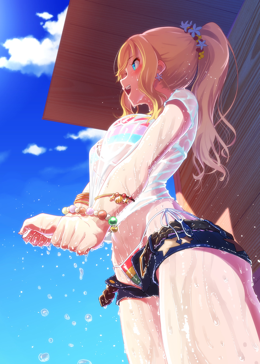 bikini blonde_hair blue_eyes blush bracelet breasts cloud commentary_request day denim denim_shorts highres idolmaster idolmaster_cinderella_girls jewelry large_breasts long_hair looking_away maru_(sara_duke) ootsuki_yui open_mouth ponytail profile shadow short_shorts shorts smile solo striped striped_bikini swimsuit swimsuit_under_clothes water wet wet_clothes wringing_clothes