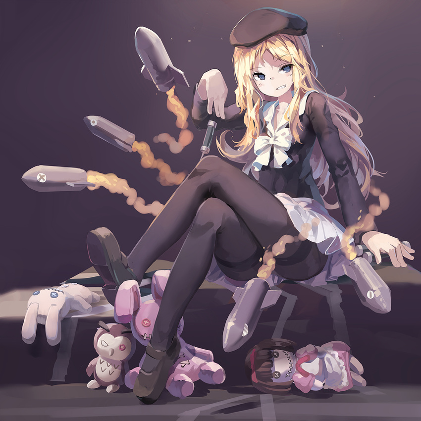 beret black_legwear blonde_hair blue_eyes buttons commentary_request crossed_legs doll eyebrows_visible_through_hair frenda_seivelun full_body grin hat highres holding huanxiang_huifeng long_hair missile pantyhose parted_lips pleated_skirt ribbon school_uniform shoes sitting skirt smile solo stuffed_animal stuffed_bunny stuffed_toy to_aru_kagaku_no_railgun to_aru_majutsu_no_index white_ribbon white_skirt
