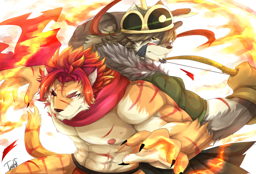 2017 abs anthro biceps canine clothed clothing digital_media_(artwork) feline fur hi_res male mammal muscular muscular_male nipples pecs scarf tach8 temujin tokyo_afterschool_summoners wolf