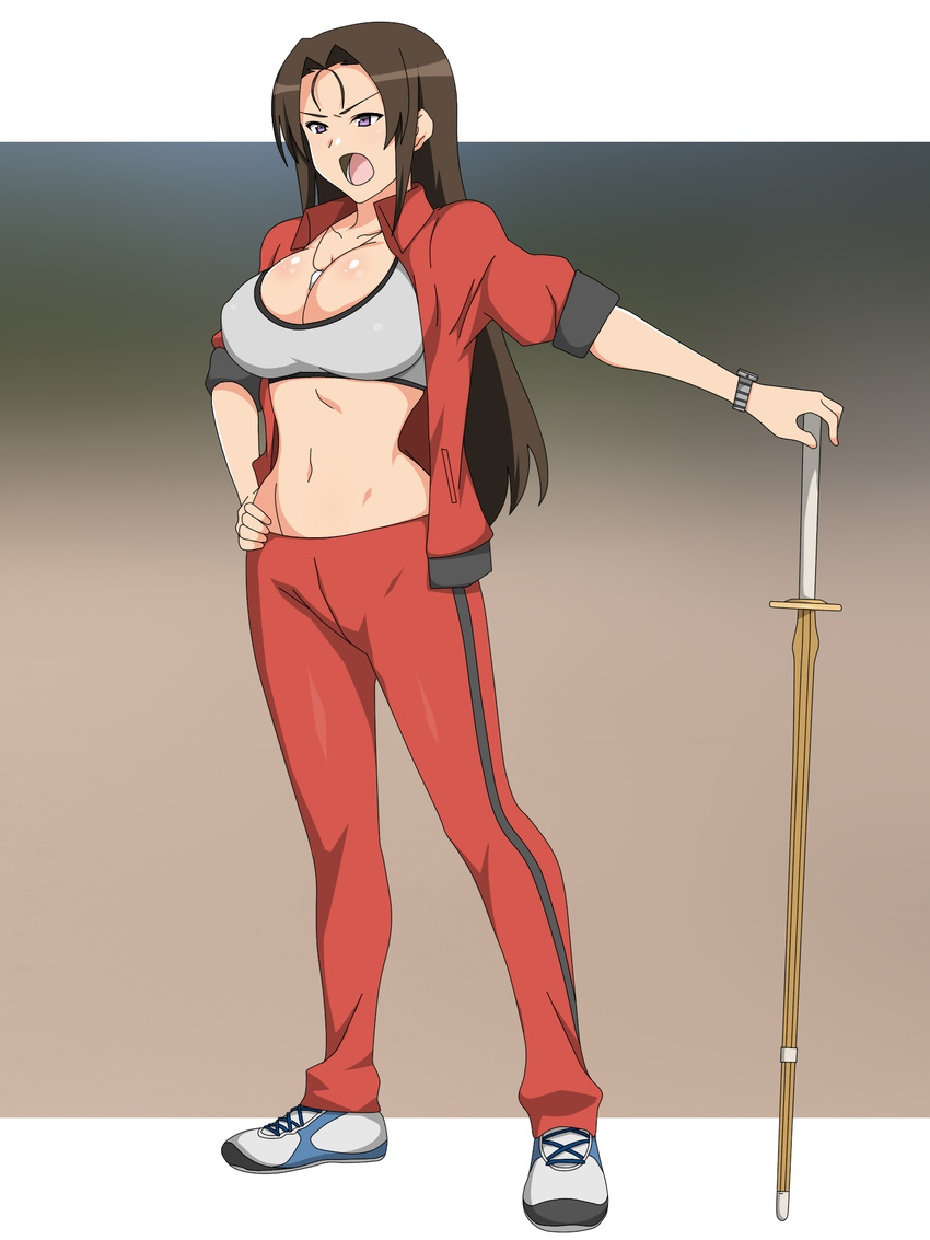 1girl breasts brown_hair cleavage feet full_body hand_on_hip highres jacket kagemusha large_breasts legs long_hair midriff navel necklace open_clothes open_mouth original pants purple_eyes red_jacket red_pants serious shinai simple_background sneakers solo sports_bra standing thighs wristwatch
