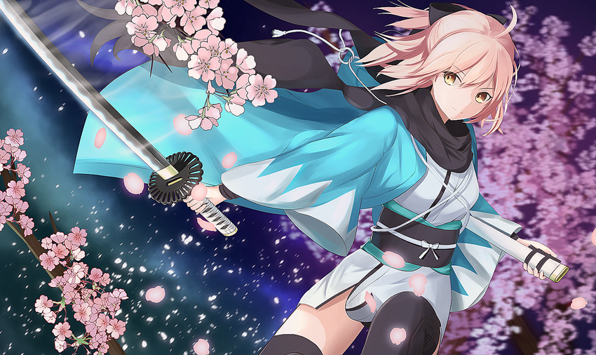 ahoge black_bow black_hair black_scarf blonde_hair bow cherry_blossoms eyebrows_visible_through_hair fate/grand_order fate_(series) grey_kimono hair_between_eyes hair_bow holding holding_sheath holding_sword holding_weapon inutsuki_nana japanese_clothes katana kimono kimono_skirt long_hair obi okita_souji_(fate) okita_souji_(fate)_(all) outdoors sash scarf sheath solo sword thighhighs tree unsheathed weapon yellow_eyes