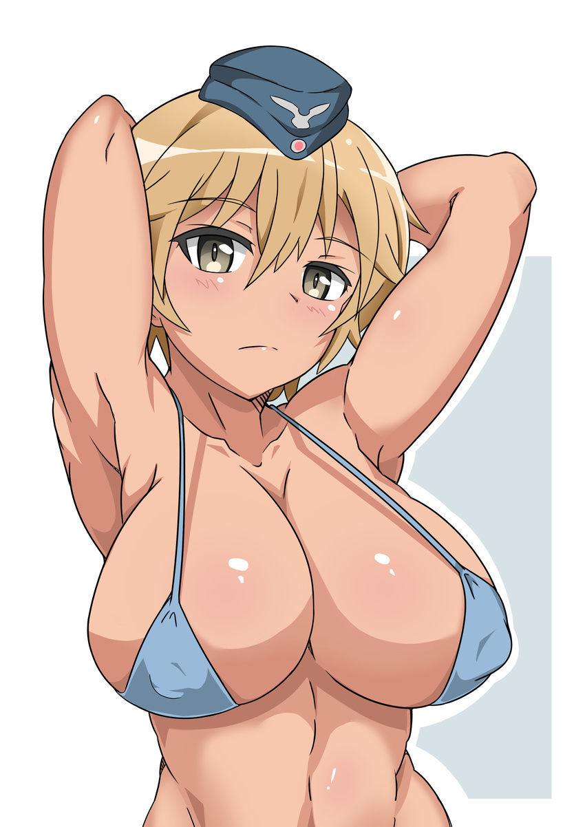 absurdres armpits arms_up bikini_top blonde_hair brave_witches breasts covered_nipples hat highres large_breasts looking_at_viewer navel short_hair solo tavor_(m_tavor) waltrud_krupinski world_witches_series yellow_eyes