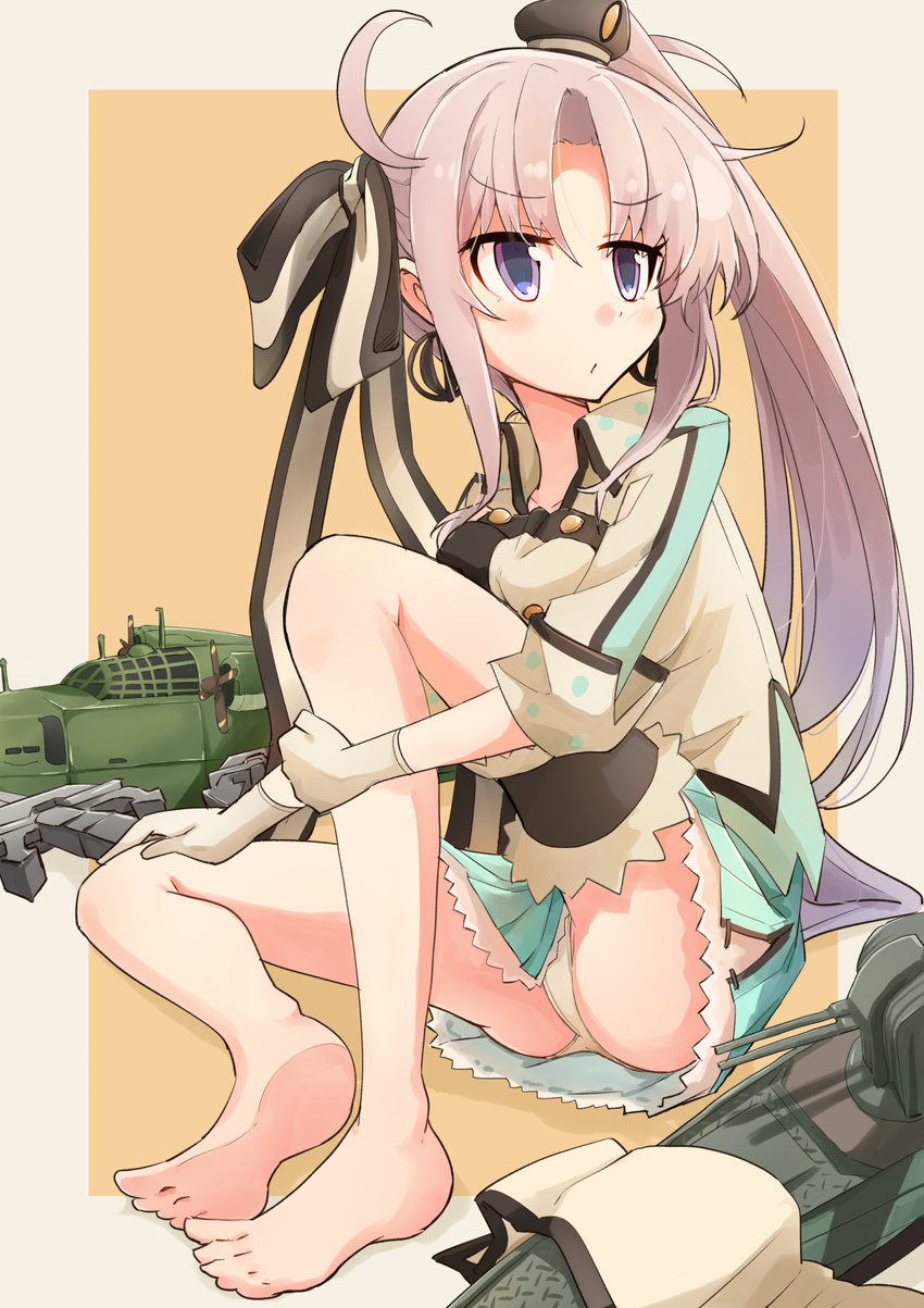 ahoge akitsushima_(kantai_collection) anchor aqua_skirt asymmetrical_hair bare_legs barefoot blush border bow breasts commentary_request double-breasted earrings eyebrows_visible_through_hair feet full_body furrowed_eyebrows gloves hair_bow hands_on_own_legs hat highres jacket jewelry kantai_collection knee_up large_breasts lavender_hair leg_garter long_hair long_sleeves looking_to_the_side military military_uniform mini_hat miniskirt nishikitaitei-chan orange_background outside_border panties pantyshot pantyshot_(sitting) peaked_cap pleated_skirt purple_eyes seaplane senhappyaku side_ponytail side_slit sidelocks simple_background sitting sketch_eyebrows skirt sleeves_folded_up soles solo striped striped_bow underwear uniform upskirt very_long_hair white_border white_gloves white_jacket white_panties wing_collar