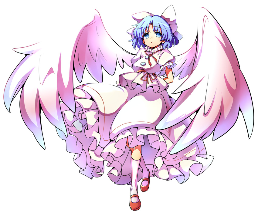 arms_behind_back baba_(baba_seimaijo) bangs blue_eyes blue_hair bow commentary_request frilled_skirt frills full_body hair_bow highres looking_at_viewer mai_(touhou) mary_janes neck_ribbon parted_bangs parted_lips puffy_short_sleeves puffy_sleeves red_ribbon ribbon shirt shoes short_hair short_sleeves skirt skirt_set socks solo standing tachi-e tareme touhou touhou_(pc-98) transparent_background white_bow white_legwear white_shirt white_skirt white_wings wings