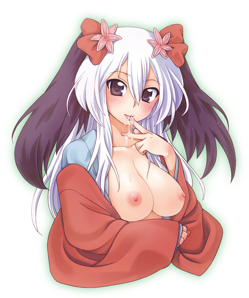 blush breasts cum cum_in_mouth cum_on_body cum_on_breasts cum_on_upper_body flower hair_flower hair_ornament highres hikabe_sakuho japanese_clothes kimono large_breasts long_hair multicolored_hair nipples no_bra open_mouth original solo tongue two-tone_hair